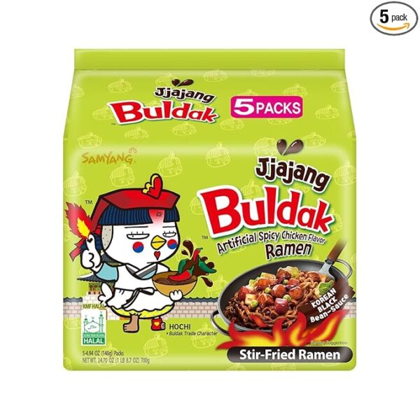 Samyang Buldak Hot Spicy Chicken Ramen Noodle Korean Stir-Fried Ramen, Jjajiang, Pack of 5