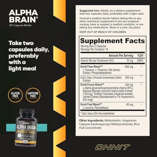 ONNIT Alpha Brain Premium Nootropic Brain Supplement, 30 Count, for Men & Women - Caffeine-Free Focus Capsules for Concentration, Brain Booster - Image 3